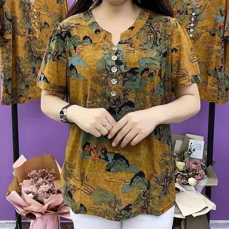 Vêtements pour femmes d'âge moyen et âgées, été 2025, t-shirts amples à imprimé floral vintage, décontractés, col rond, manches courtes, pulls