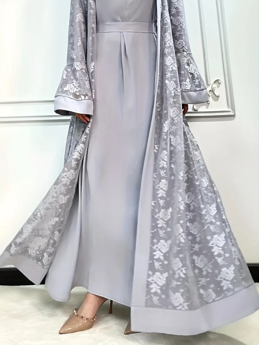 Robe intérieure en dentelle pour femmes, manches évasées, caftan long, Djellaba, robe de soirée de Dubaï, Ramadan, prière de l'Aïd, ensemble de 2 pièces, 2024