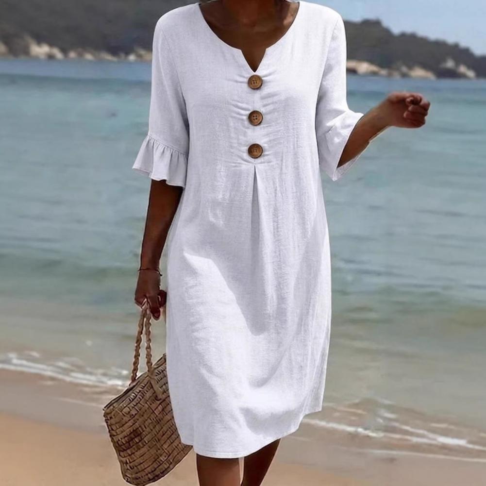 Robe d'été en coton et lin pour femme, robe sexy à col en V avec boutons, robe mi-longue à manches courtes à volants, robe de plage à col rond
