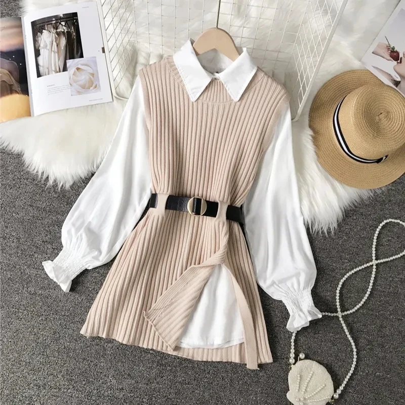 Femmes tricoté gilet 2 deux pièces ensemble chemise à manches longues lanterne 2025 printemps automne femmes chemises ensembles sans manches pull hauts