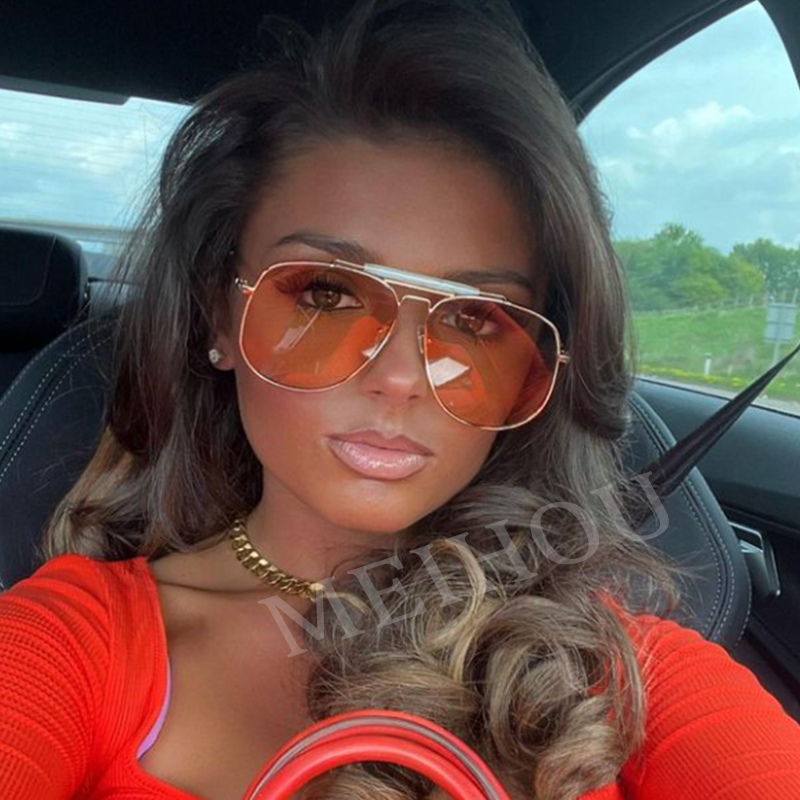 Lunettes de soleil pilote à monture métallique pour femmes, Double pont, Champagne, luxe, carrées, claires, surdimensionnées