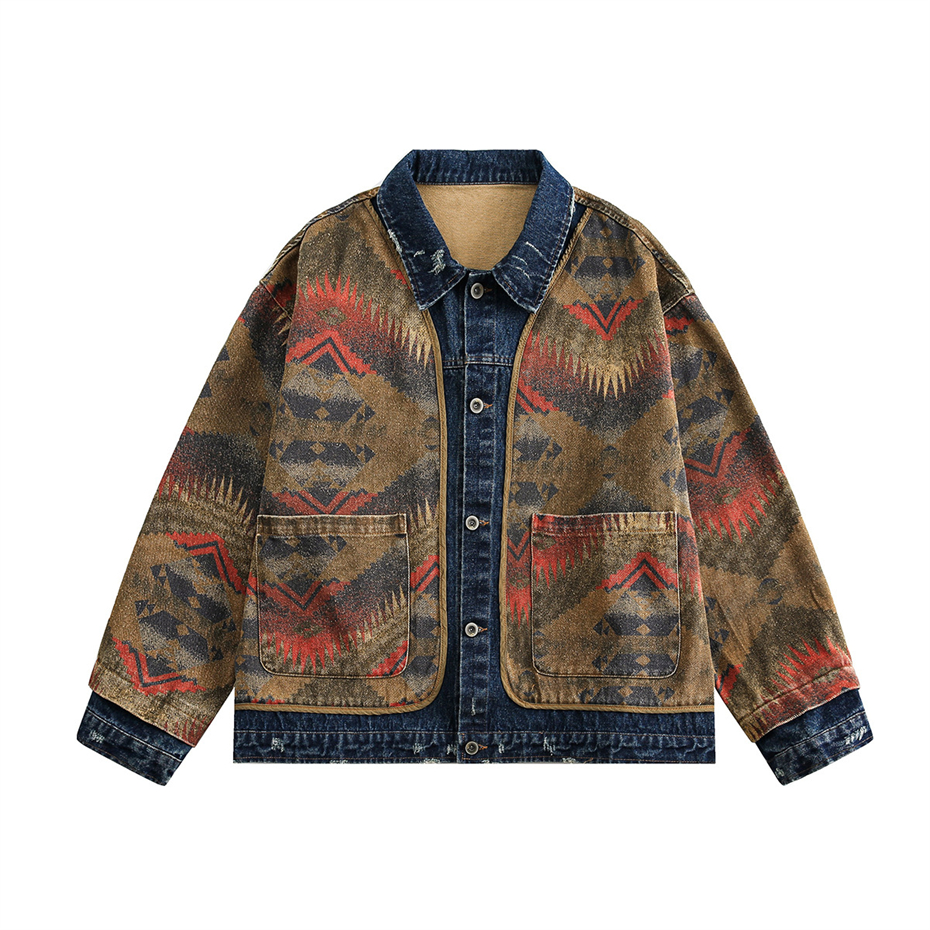 Vestes en jacquard patchwork vintage pour hommes et femmes, style national, vestes américaines délavées, streetwear respirant, manteau hip hop, printemps, nouveau