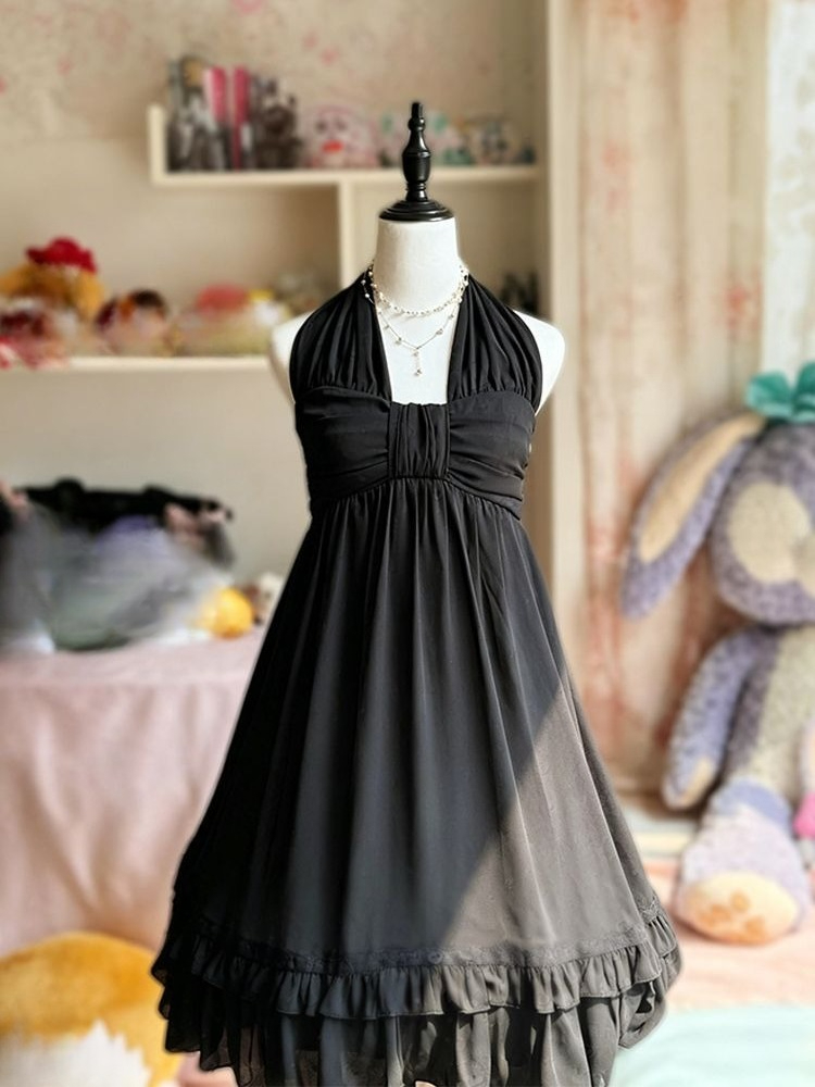 Robe Vintage Kawaii Élégante pour Femme, Col Halter, Buste Froncé, Ourlet à Volants en Dentelle Superposée, Robe Romantique Quotidienne ou de Soirée, Vêtement Féminin