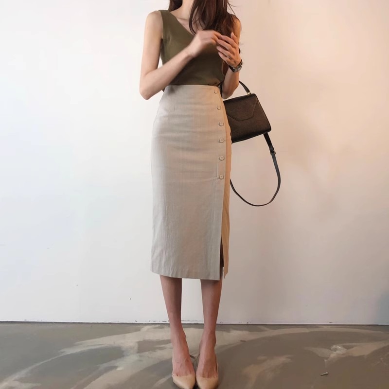 Jupe crayon mi-longue fendue taille haute pour femme en coton et lin, élégante pour le bureau