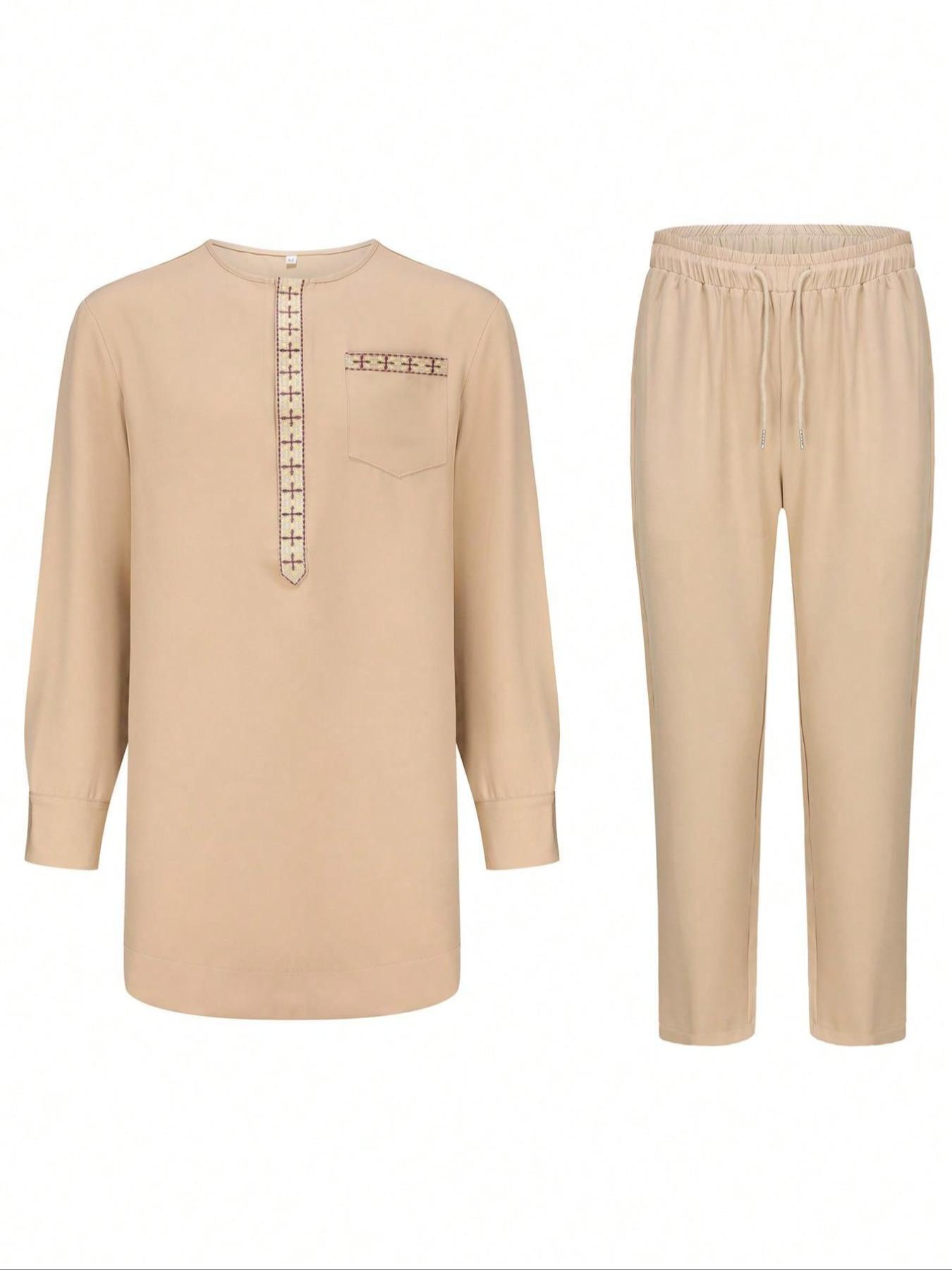Ensemble décontracté pour hommes, style ethnique traditionnel africain et moyen-oriental, col rond, 2 pièces, coupe ample et confortable, pour le quotidien