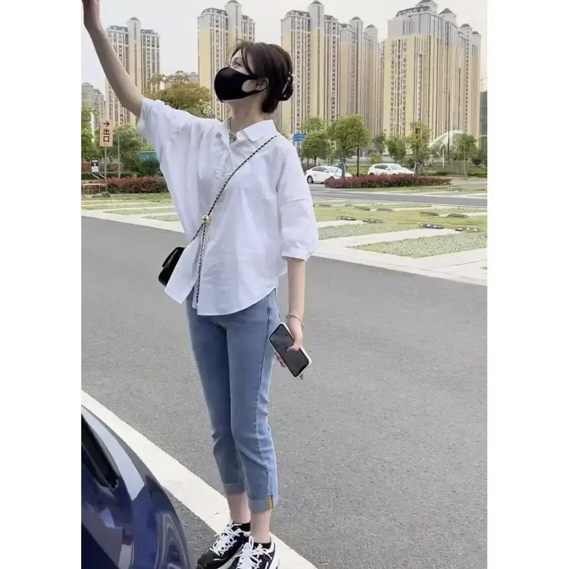 Femmes Blouses élégant Streetwear bureau décontracté ample boutonné blanc bleu à manches longues Vintage surdimensionné chemise hauts