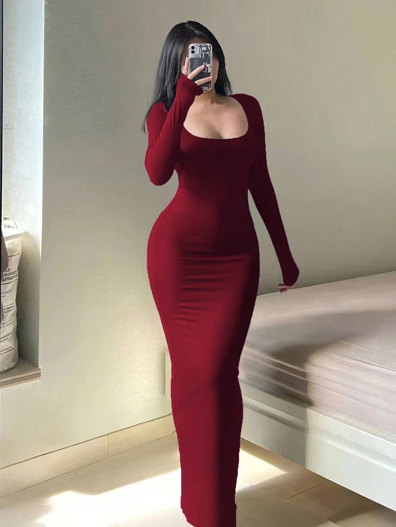 Robe longue à manches longues pour femmes, grande taille, coupe cintrée, robe moulante extra longue à col carré pour femmes
