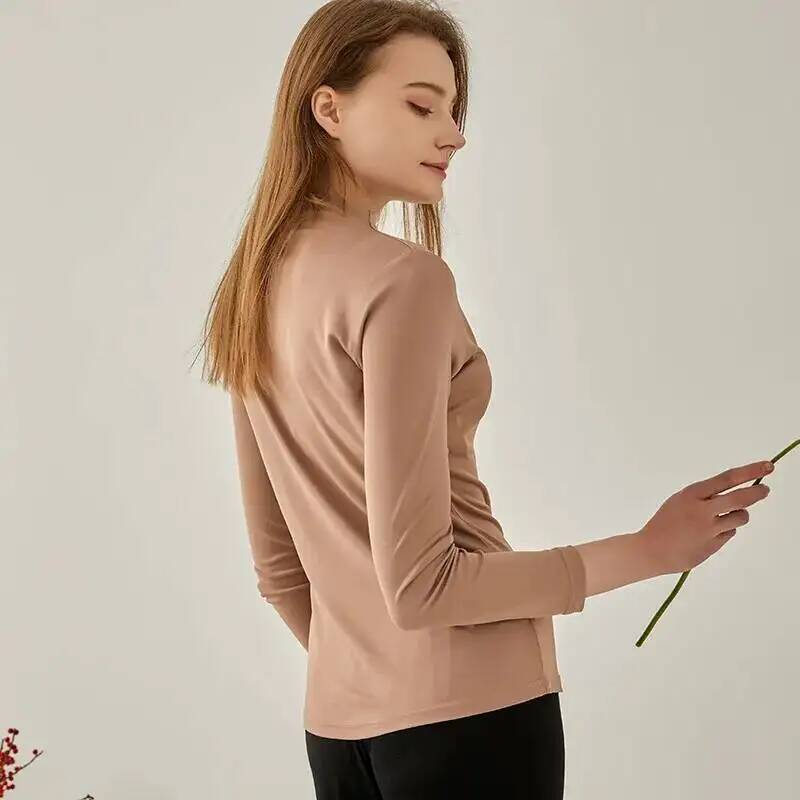 T-shirt col haut en soie Pure pour femme, haut en soie de mûrier, tricot Double face, manches longues, automne et hiver