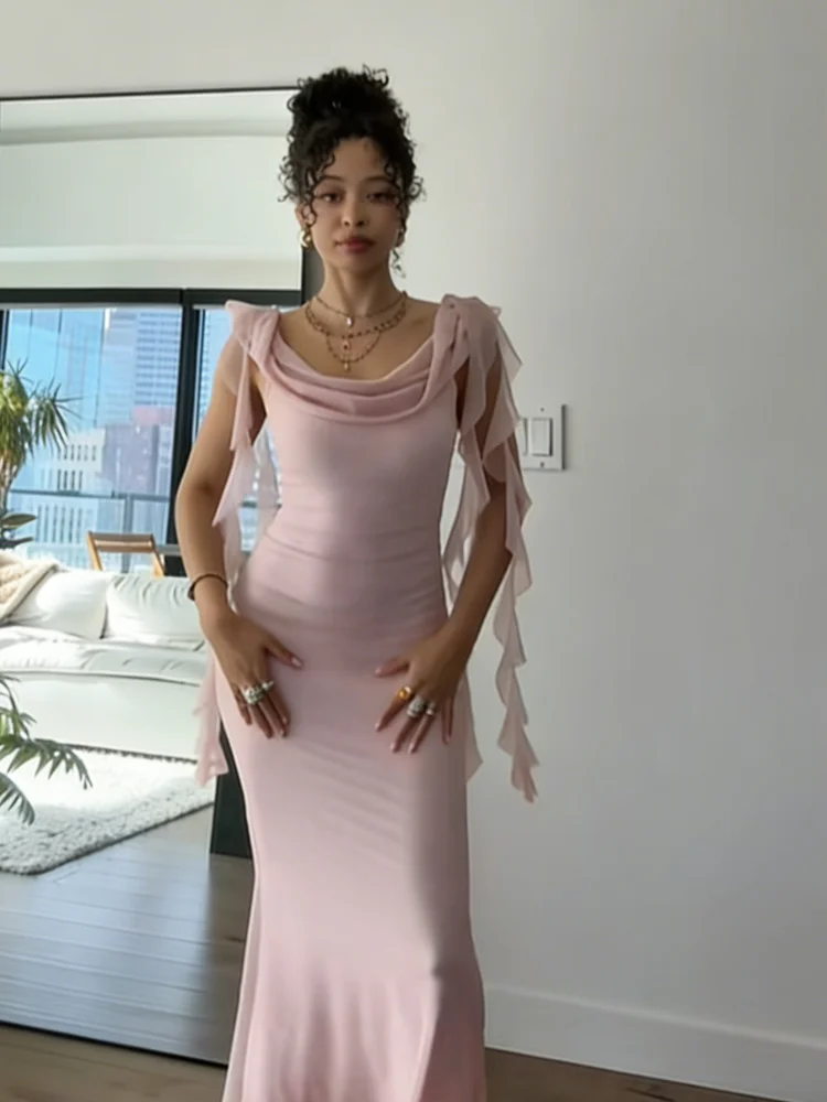 Robe longue romantique en mousseline transparente à bretelles, froncée, moulante, pour soirée, tenue élégante pour femme, idéale pour un rendez-vous galant