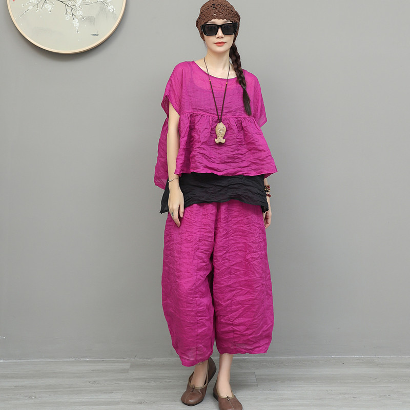Ensemble décontracté 2 pièces pour femme : haut court à manches courtes et pantalon large à jambes courtes (T-shirts et pantalons)