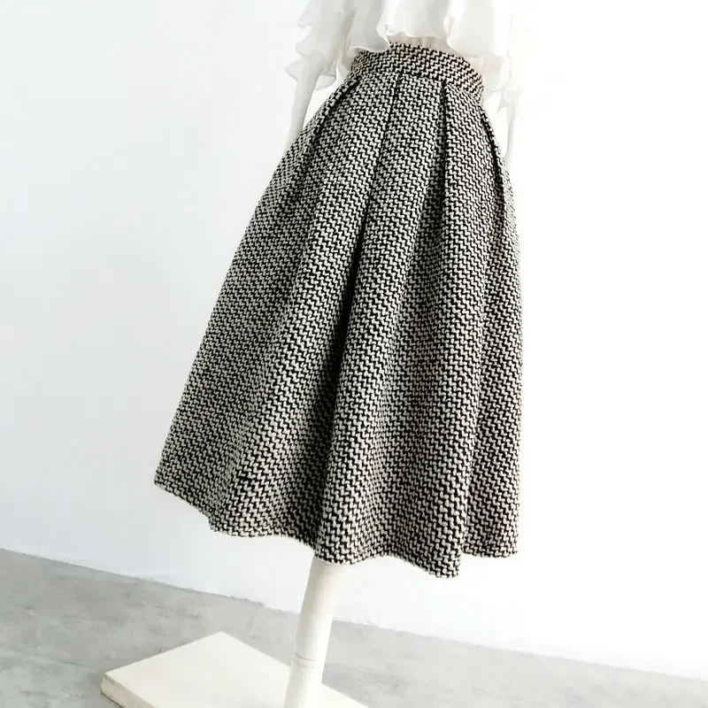 2025 nouvelle mode Tweed avec poche genou longueur jupe hiver femmes Vintage épaissi taille haute plissée a-ligne jupes Faldas