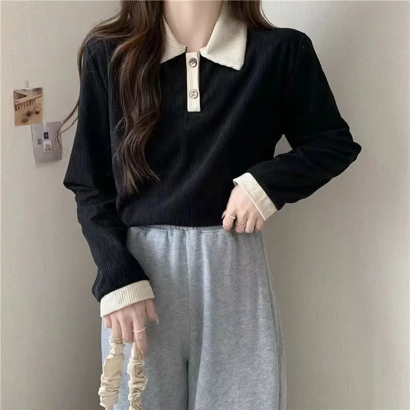 T-shirts décontractés pour femmes, mode coréenne, Style Preppy doux, hauts féminins, manches longues, col rabattu, pulls de base, automne