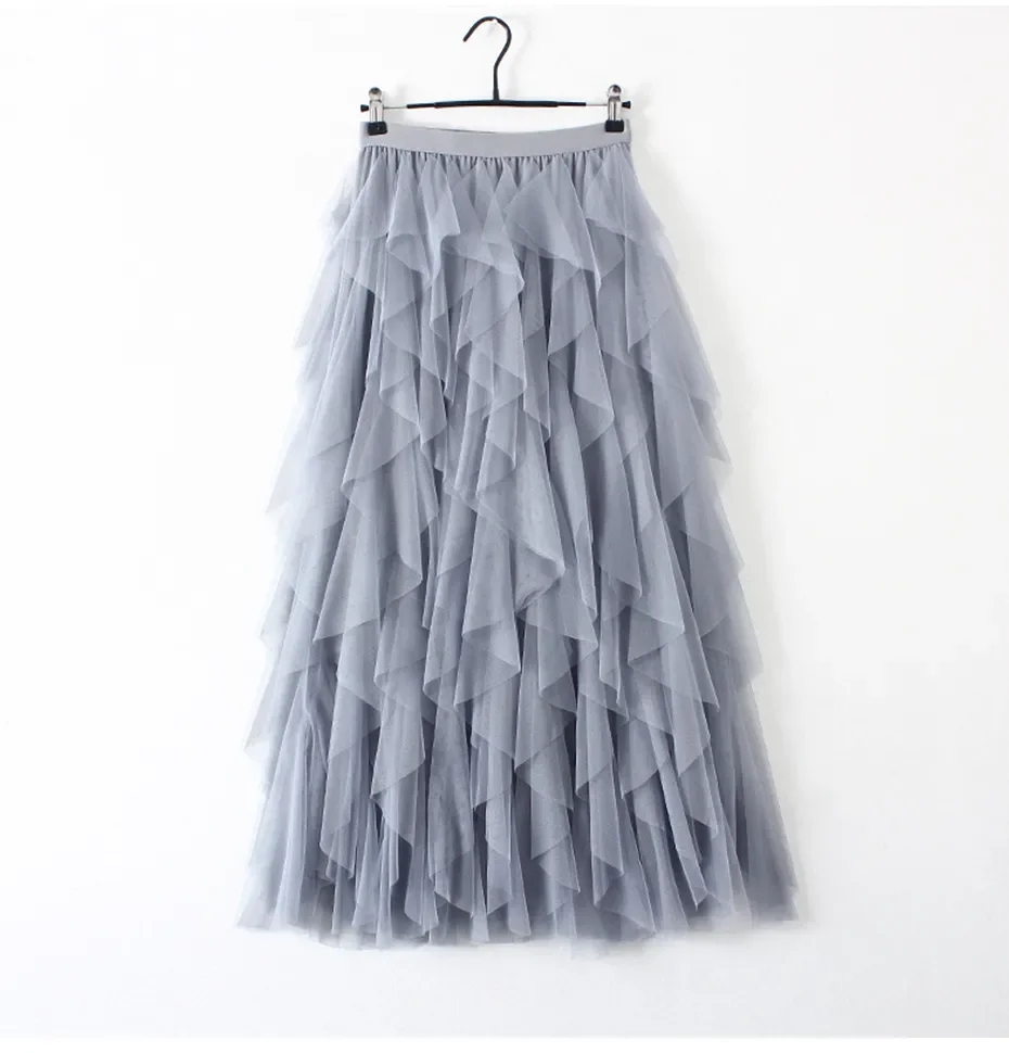 Jupe longue plissée élastique taille haute en tulle et gaze irrégulière pour femme, nouvelle collection printemps-été, coupe trapèze longue