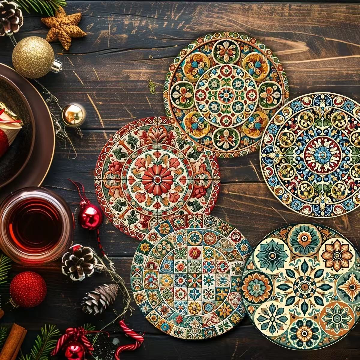 Lot de 8 sous-verres marocains Mandorla 2D en bois, marqueurs de boissons circulaires artistiques pour café, thé, décoration de table à manger à la maison