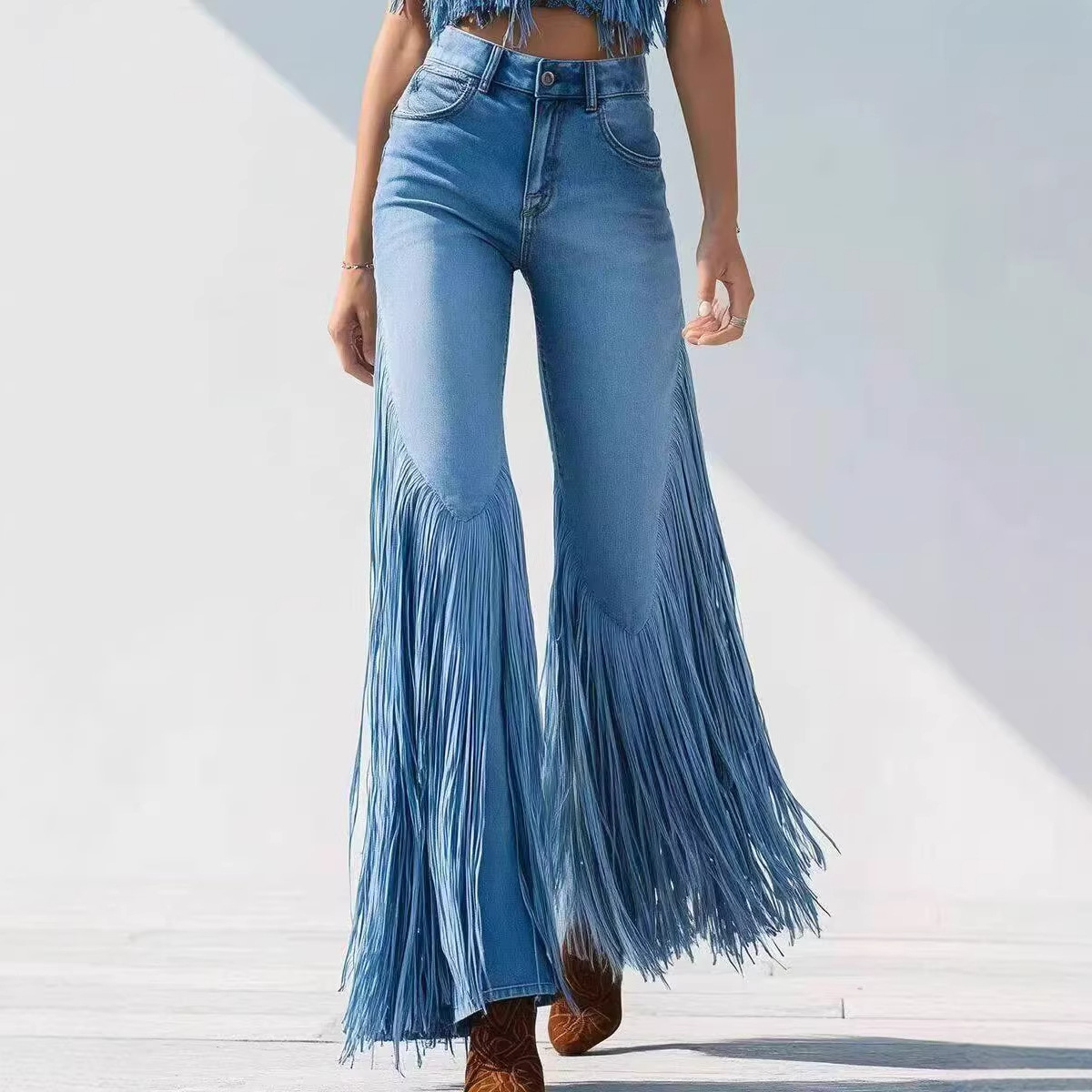 Jean en denim pour femme, bleu foncé uni, à franges, coupe ample asymétrique, style basique simple, mode américaine et européenne