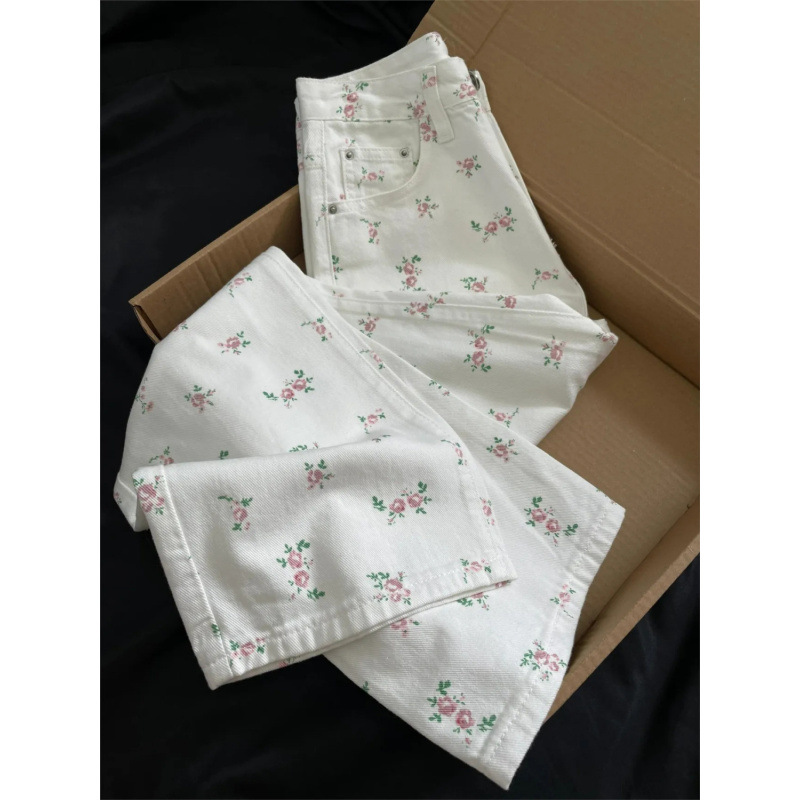 Jean droit de luxe Vintage pour femmes, motif Floral, léger, ample, taille haute, cache les hanches, amincissant, décontracté, jambes larges