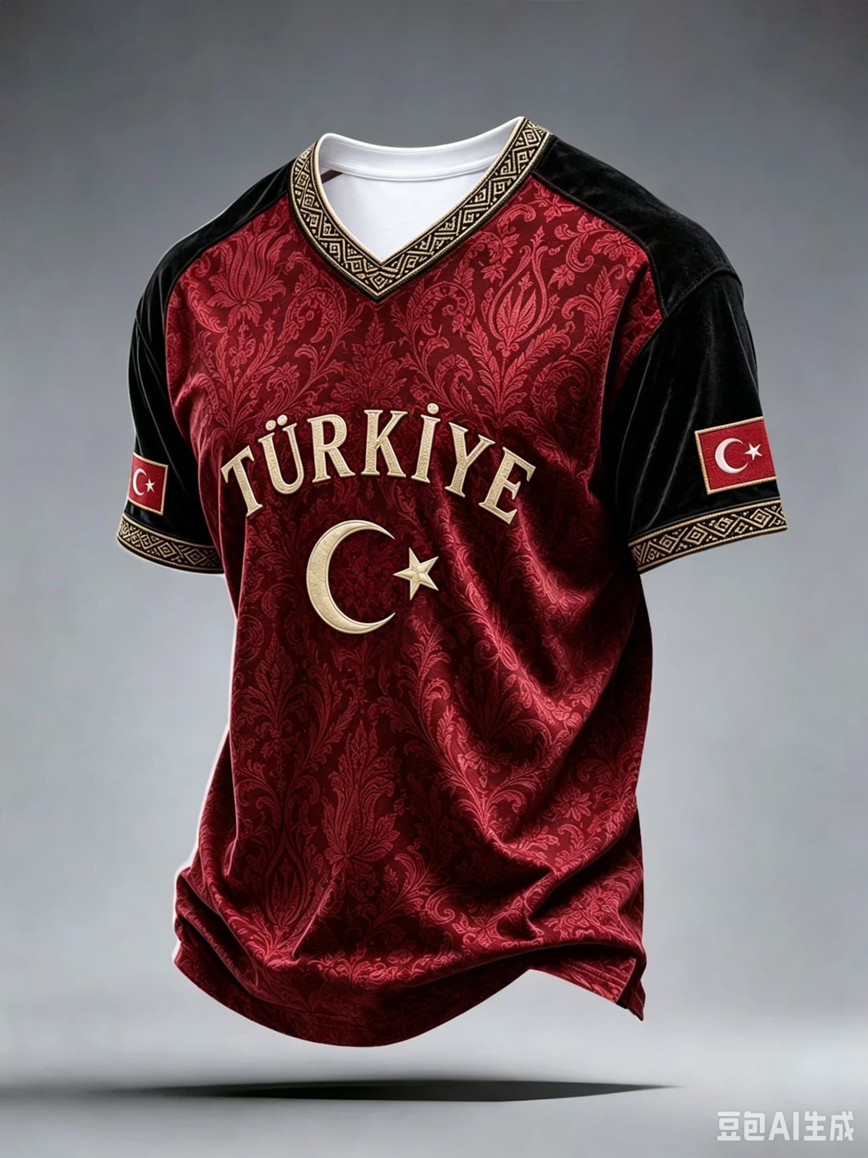 Maillot de football Turquie 2026 Rouge à imprimé floral Paisley, motif croissant et étoile TÜRKIYE, T-shirt à manches courtes pour supporters turcs