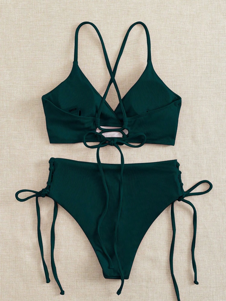 Sexy noir col en V ensemble de Bikini pour les femmes à lacets cordon côté taille haute maillot de bain plage maillot de bain piscine maillot de bain deux pièces