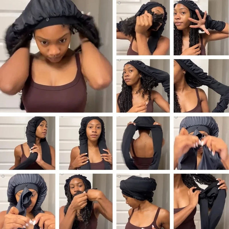 Bonnet de nuit en satin de soie à longue traîne pour tresses, avec large bande élastique, pour le soin des cheveux longs et les tresses, pour femmes