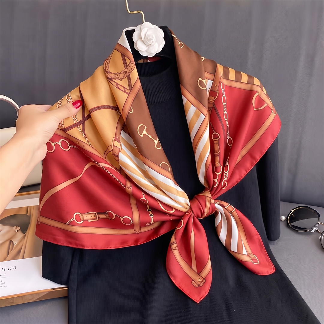 Foulard imprimé chaîne pour femme, 90 cm, en satin de soie, écharpe de tête, foulard carré, bandana pour femme
