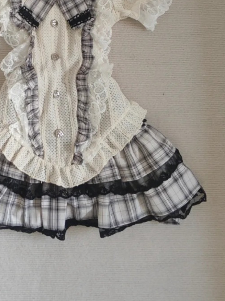 Ensemble 2 pièces japonais doux Kawaii pour femmes, haut en dentelle avec nœud mignon + Mini jupe bouffante, nouvelle mode Harajuku Y2k, tenues de Style Preppy à carreaux
