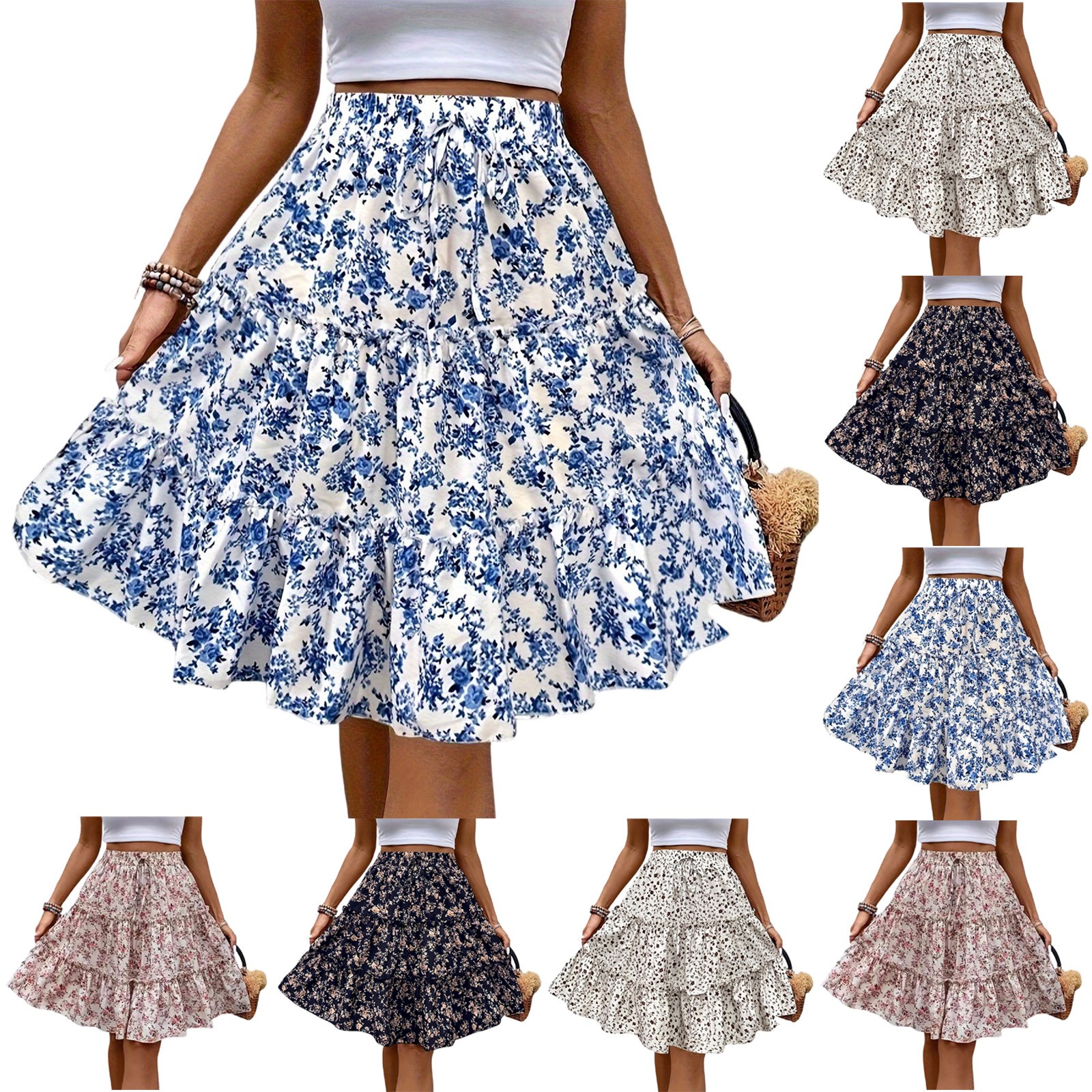 Femmes épissées ​ ​ Jupe gâteau à la mode imprimé fleuri, sangle de taille élastique, jupes décontractées polyvalentes, jupe confortable jusqu'aux genoux