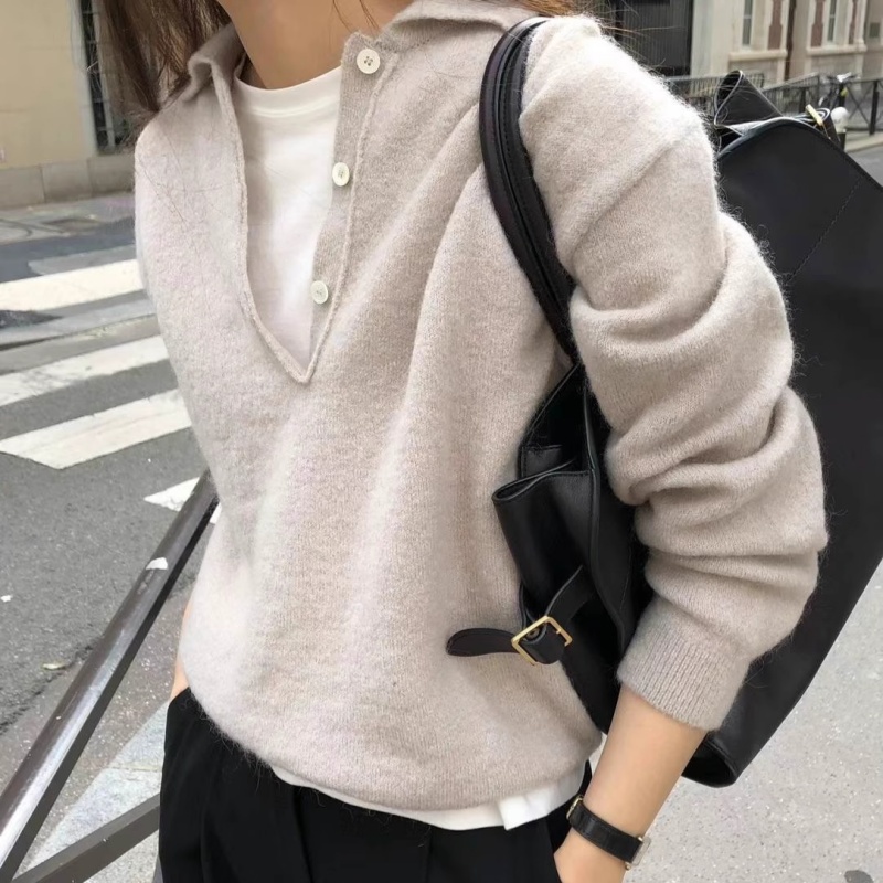 Nouveau pull à col pour femme 2026, 100% laine, pour l'automne et l'hiver, tricot court polyvalent, pull en laine uni pour femme.