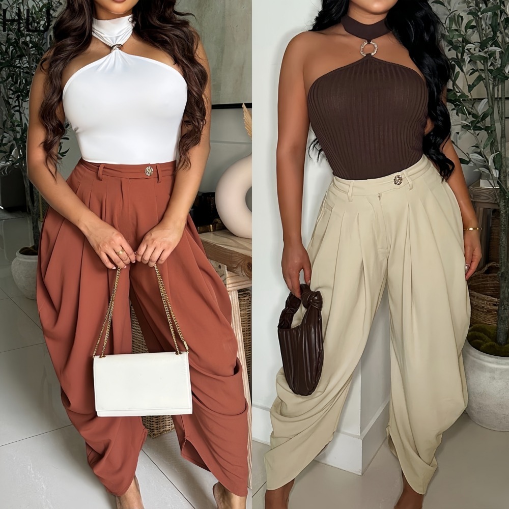HLJ mode ample fleur bourgeon pantalon femmes couleur unie froncé Patchwork taille haute pantalons longs femme Streetwear pantalon 2025 nouveau