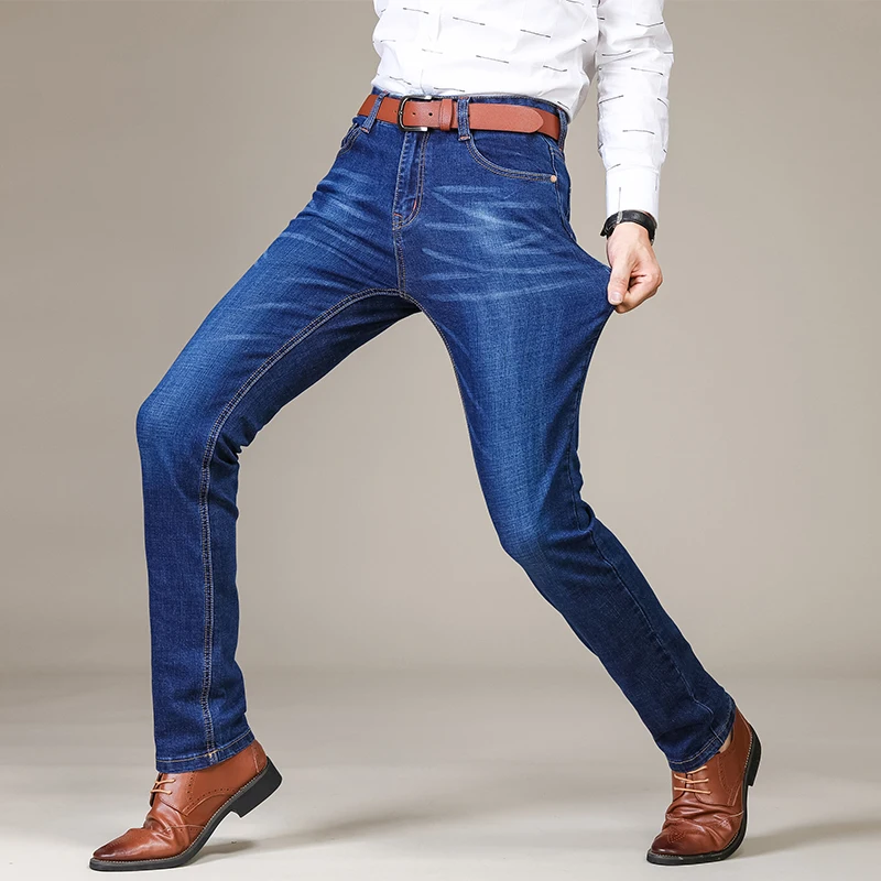 Jean d'affaires pour hommes, Style classique, décontracté, extensible, Slim, pantalon en Denim de marque, noir et bleu