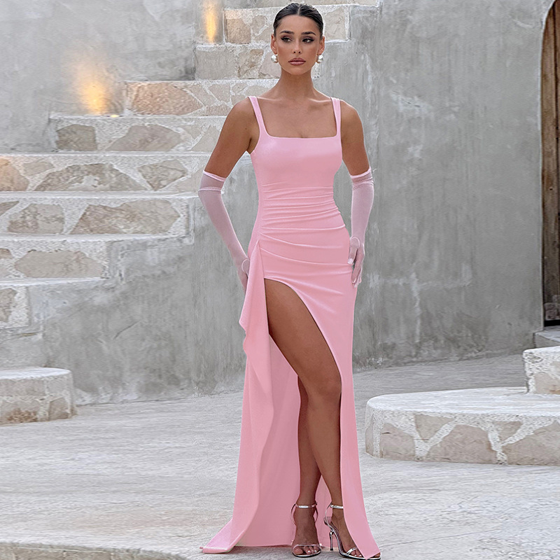 Robe de soirée moulante pour femme, robe midi fendue à col carré et bretelles spaghetti, robe de bal sexy et élégante pour soirée