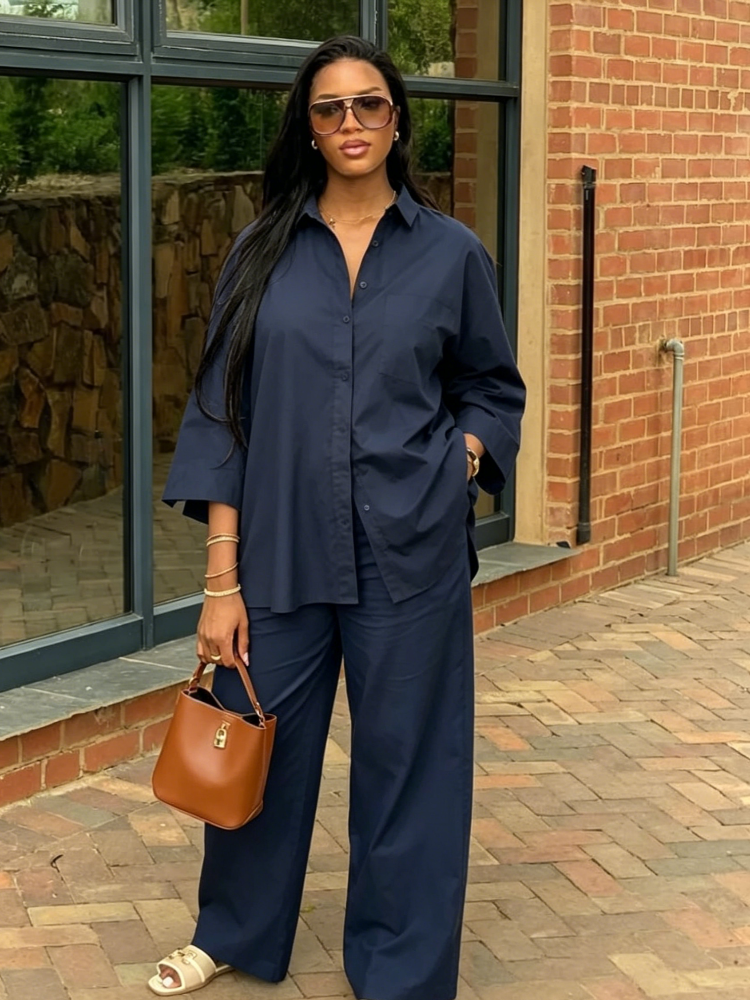 Ensemble décontracté chemise et pantalon pour femme, col rabattu simple boutonnage, haut et pantalon large taille haute, collection Printemps-Été 2026