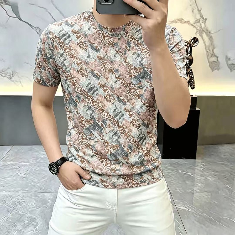 T-shirt d'été en soie glacée à manches courtes pour homme, imprimé, col rond, décontracté, pour la plage et les vacances, vêtements pour homme