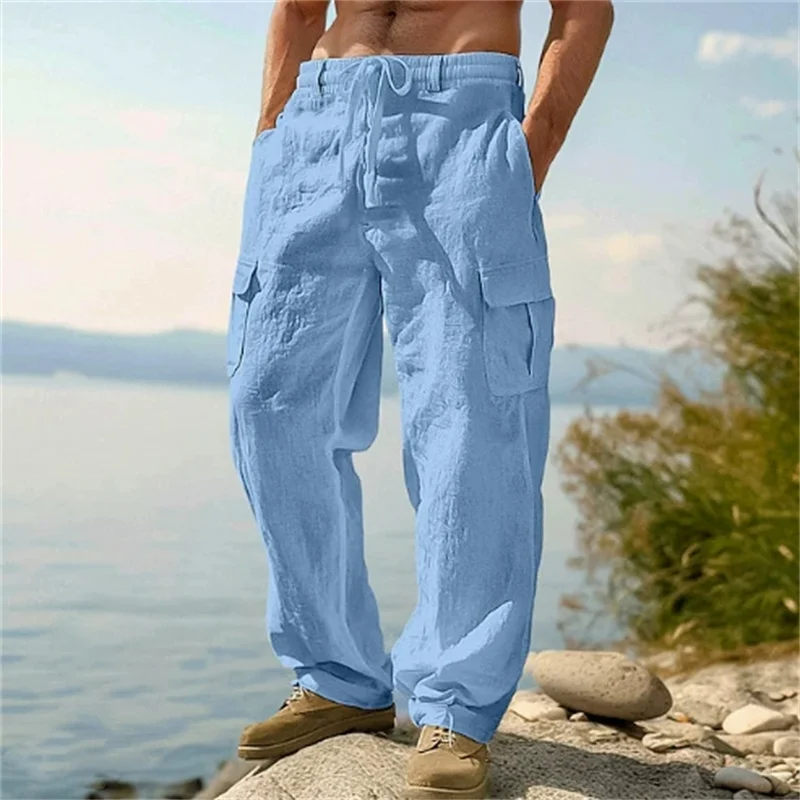 Pantalon décontracté pour homme, pantalon cargo ample et confortable, pantalon homme en coton et lin, pantalon droit multi-poches, pantalon fin de plage pour homme
