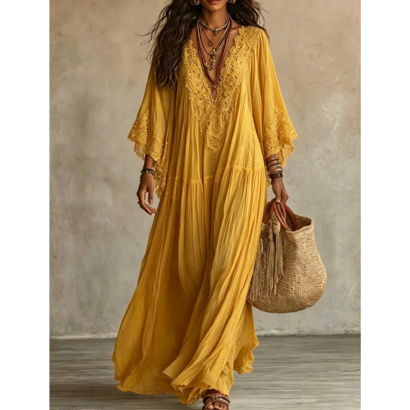 Robe longue élégante unie pour femme, décontractée, avec dentelle, col en V sexy, fluide, pour la plage, les vacances, les fêtes, Vestidos