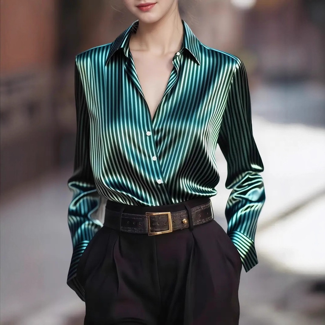 Élégant à manches longues Blouse femmes 2025 automne mode bureau dame rayé imprimé chemises amples hauts décontracté