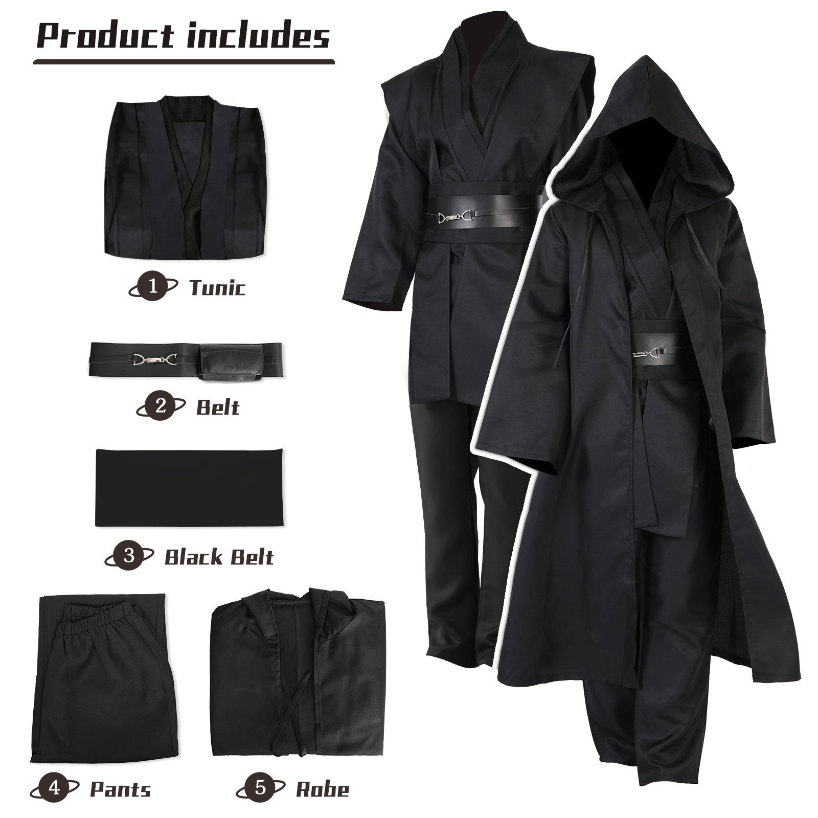 Cafele Halloween tunique Costume ensemble Cosplay tenue Jedi chevalier marron blanc Robe à capuche Obi Wan noir Cosplay Costume pour adulte