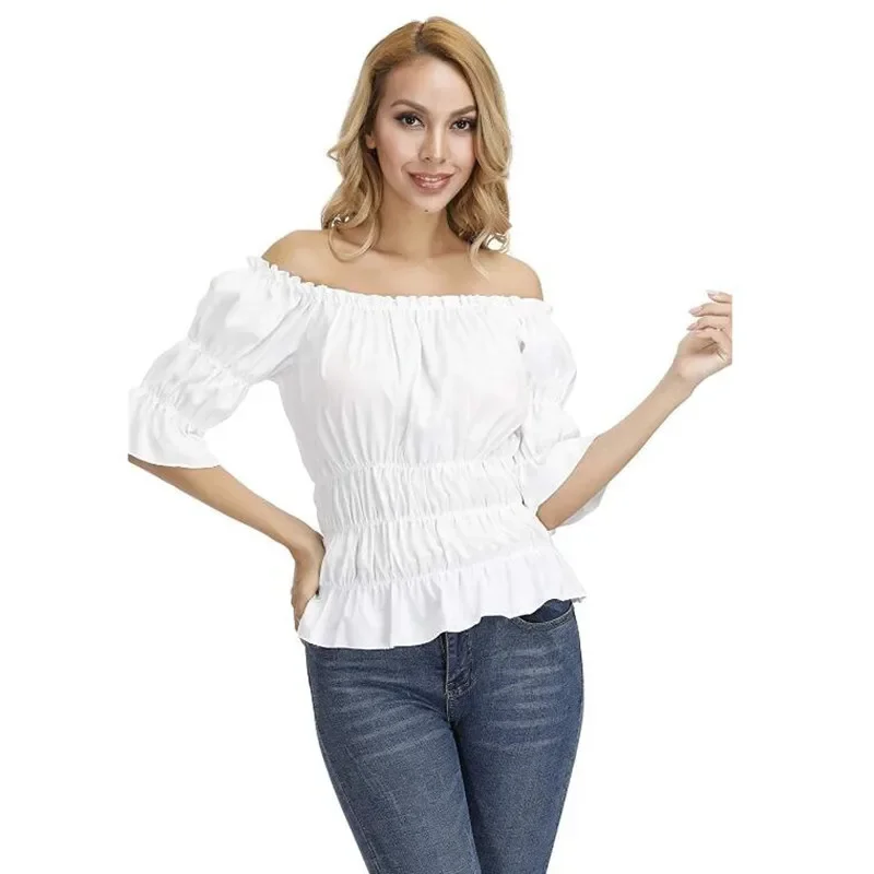 Chemisier Renaissance pour femmes, hauts Corset taille médiévale victorienne, épaules dénudées, chemise à manches courtes, Costumes de Cosplay Pirate Halloween