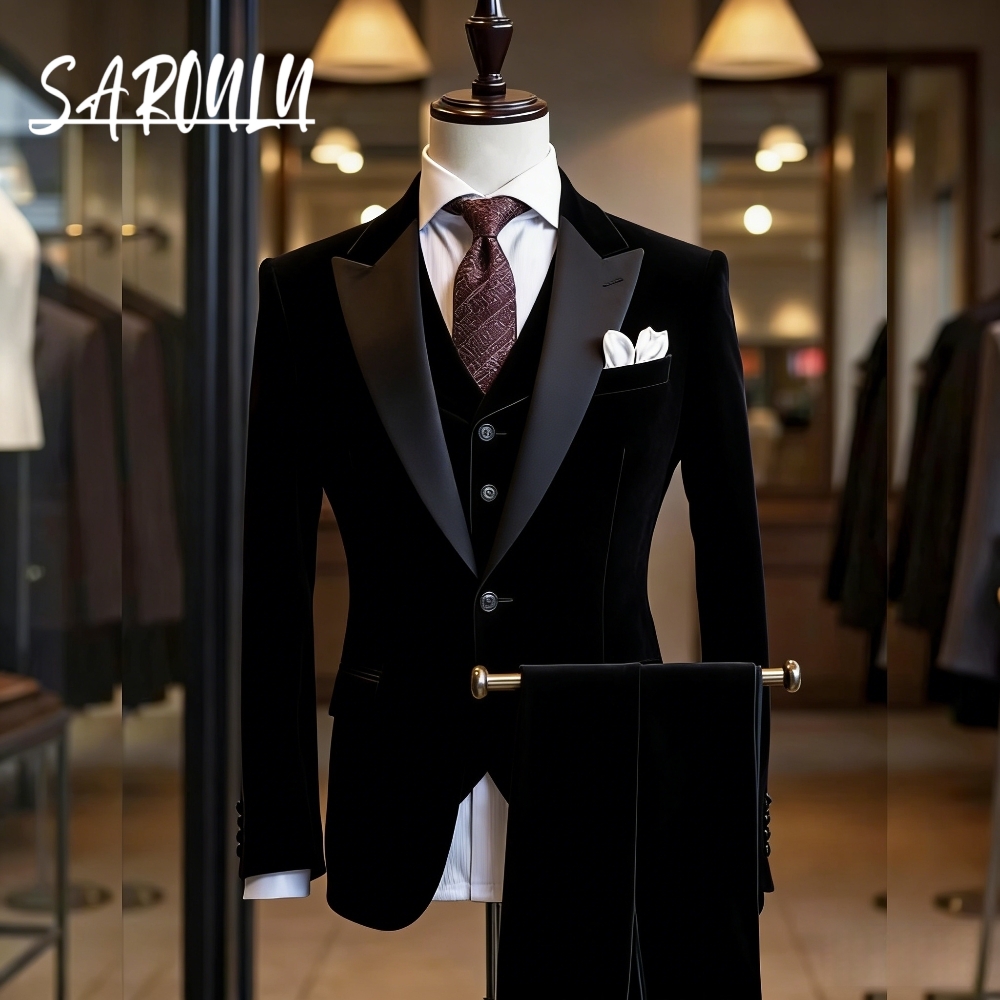 Costume de smoking 3 pièces en velours noir pour hommes, avec revers en Satin, tenue de mariage pour marié, dîner formel, bal, Banquet, Blazer, gilet, pantalon, ensemble
