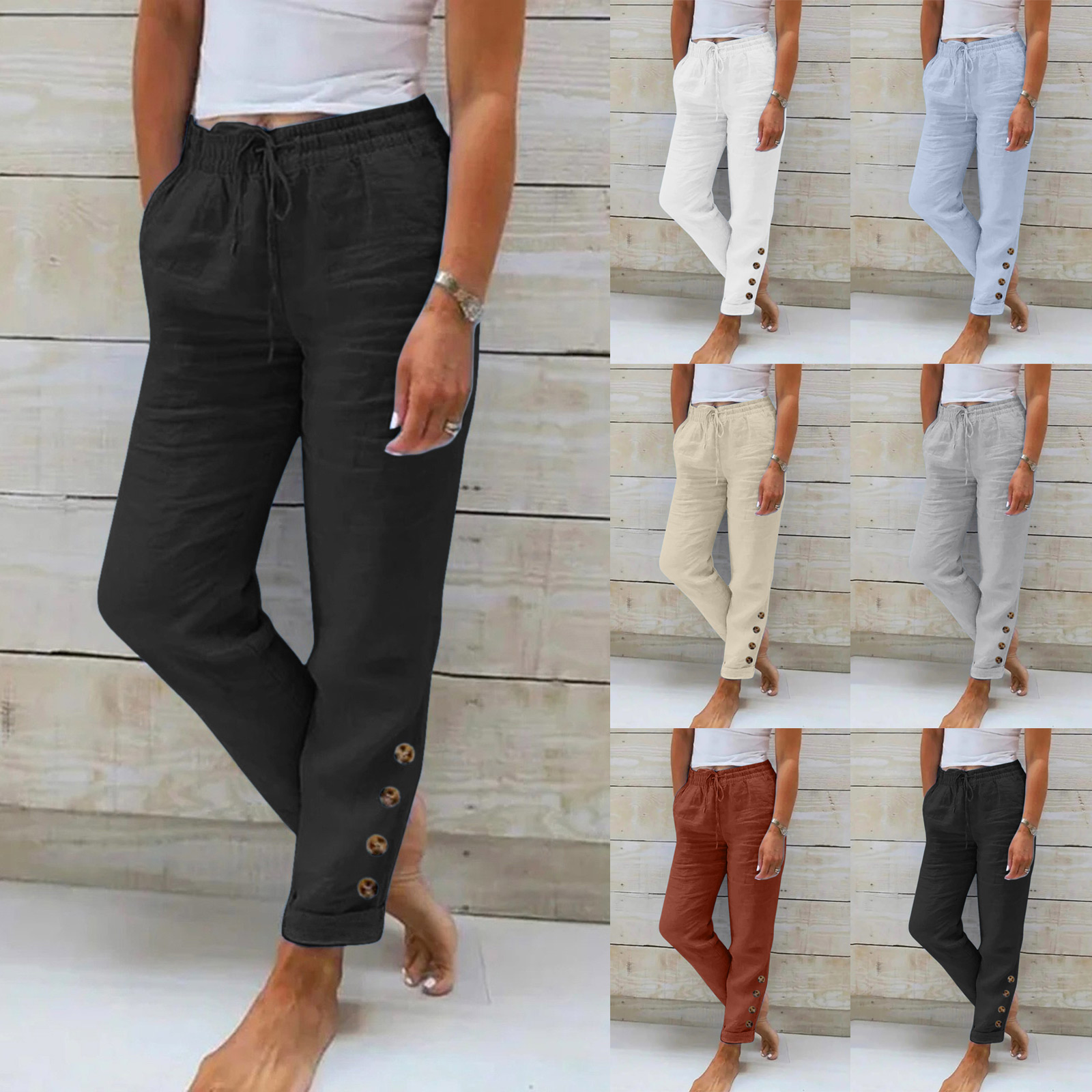 Pantalon décontracté en lin pour femmes, avec taille élastique, couleur unie, ample, Long, à bretelles, combinaison à jambes larges