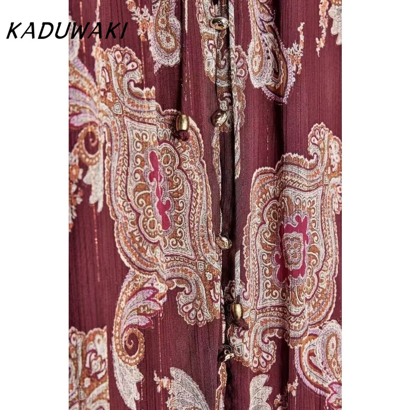 KADUWAKI femmes Robe longue mode vacances Style lanterne manches à lacets cou robes mi-longues bohème été imprimé Robe moulante