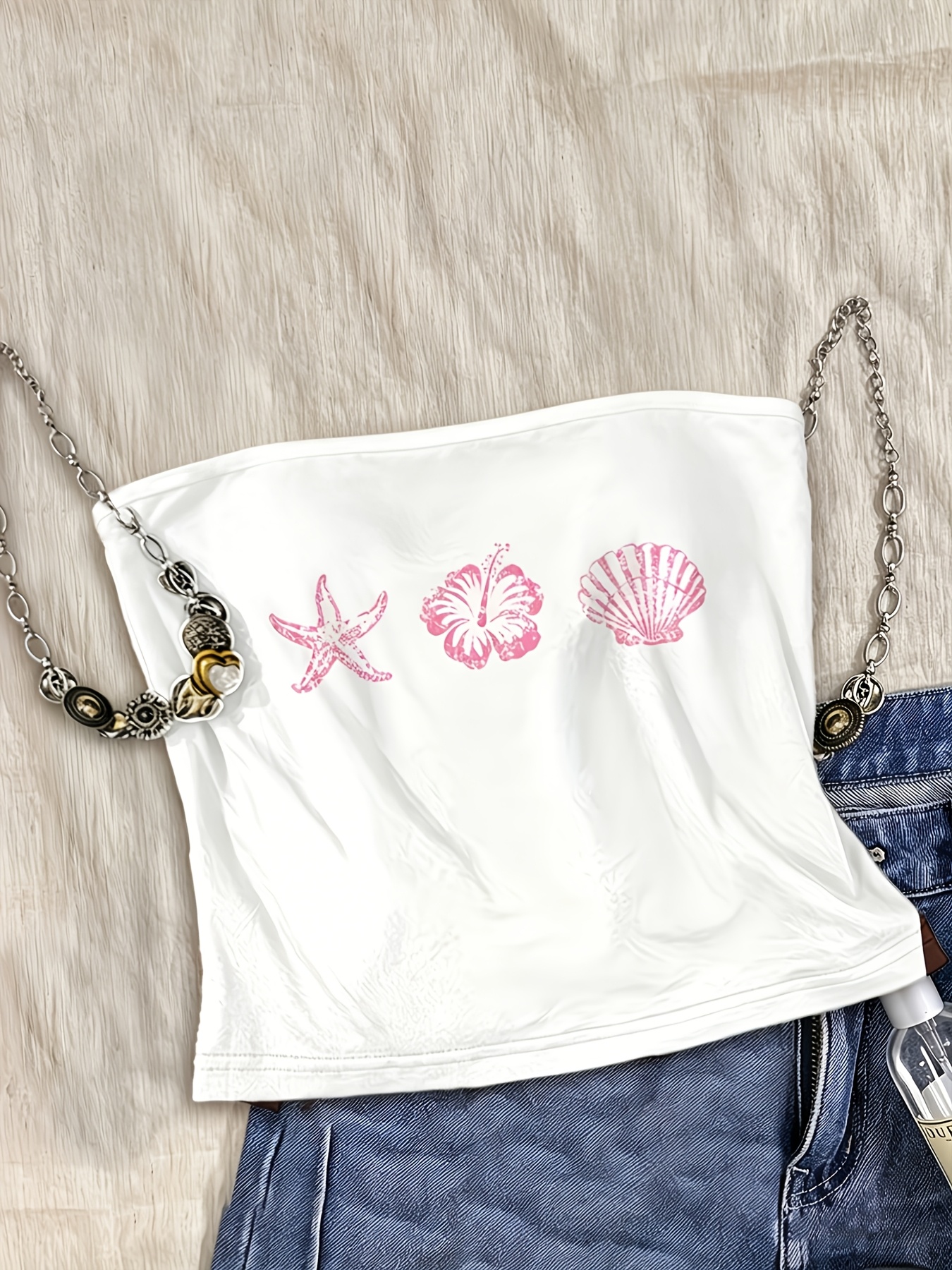 Débardeur sans bretelles décontracté pour femmes, style vacances doux et mignon à la plage américaine, imprimé étoiles de mer, fleurs et coquillages.