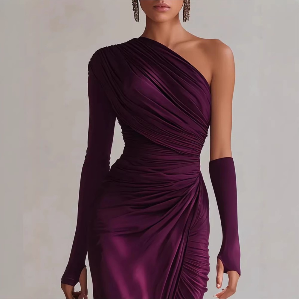 Robe de soirée élégante Printemps-Automne, couleur unie, coupe ajustée, style tendance, épaule asymétrique, taille plissée, longue, qui recouvre les hanches