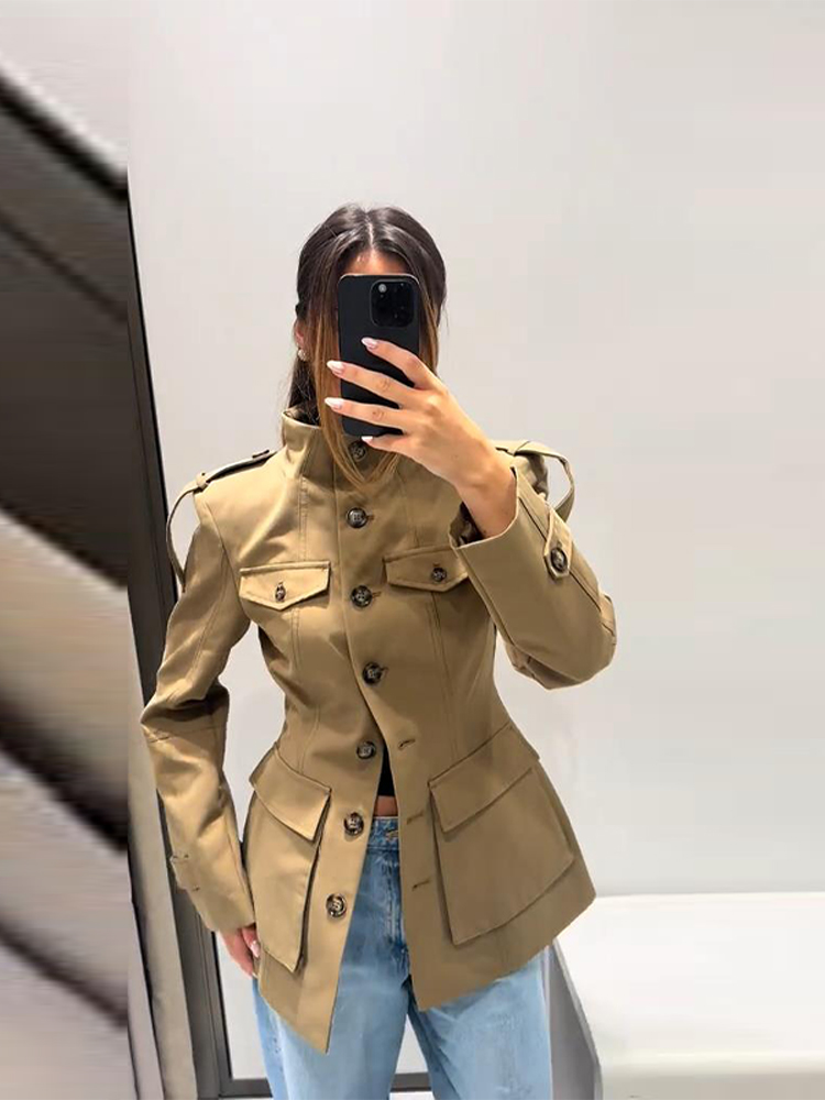 Vestes Vintage à col montant pour femmes, kaki, taille fine, poches à simple boutonnage, manteaux à manches longues, vêtements d'extérieur pour dames, automne 2025