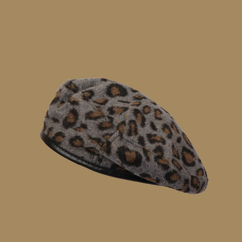 Béret pour femme, imprimé léopard, polyvalent, style rétro japonais, ajustable avec cordon de serrage, chapeau de peintre, automne-hiver, chapeau de style britannique, chapeau citrouille.