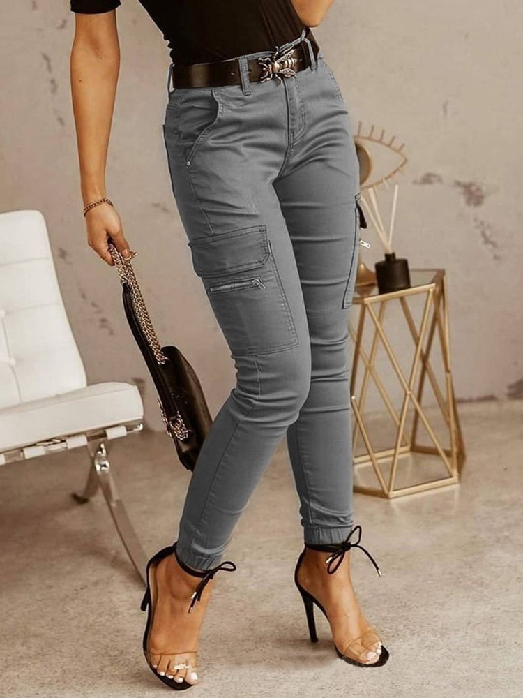 Mode femme pantalon de travail printemps automne décontracté multi-poches serré pied pantalon taille basse bouton couleur unie femmes Leggings