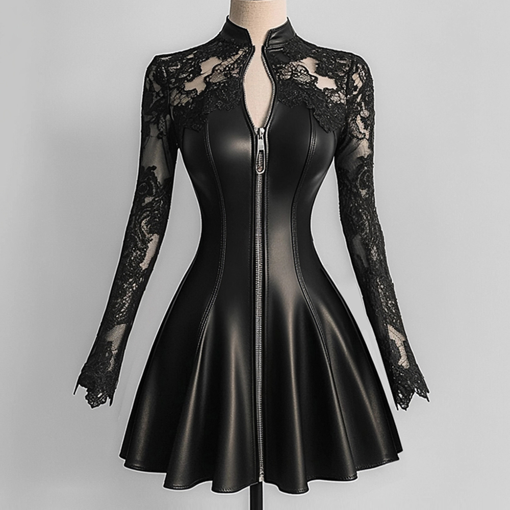 Robe élégante en cuir PU pour femmes, dentelle noire, Patchwork, maille, manches longues, fermeture éclair, moulante, ligne a, Mini robes de soirée Sexy