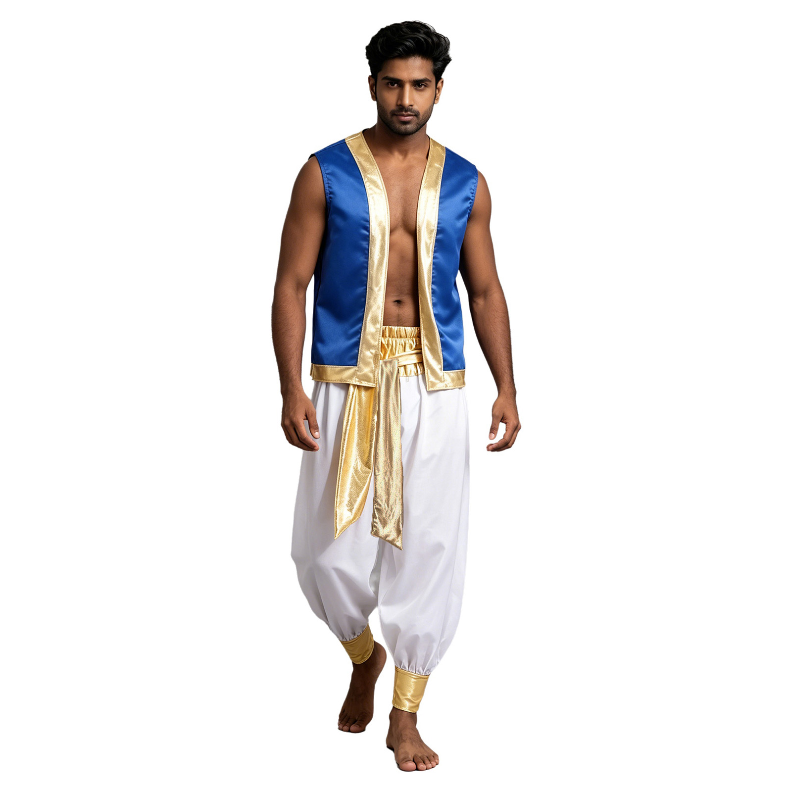 Costume de prince arabe pour homme adulte, tenue de cosplay de capitaine, veste brillante à ouverture frontale avec garniture scintillante et pantalon long à ceinture