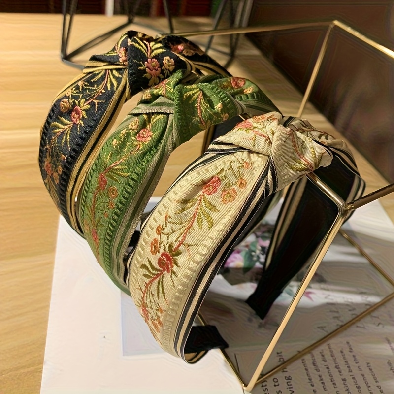 Bandeau Bohème Élégant Noué, Brodé de Motifs Floraux et Botaniques, Large, Accessoire Cheveux pour Femme