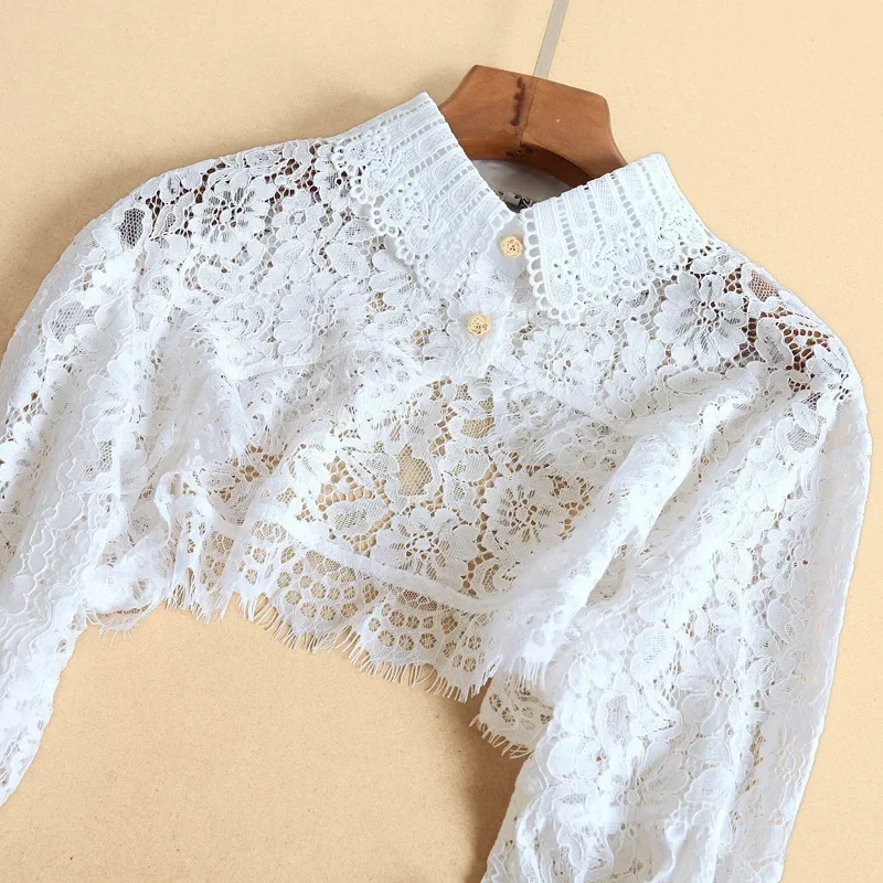 Pull à manches longues en dentelle pour femmes, col boléro, haut court à boutons, chemise en tricot sans Tube, Cardigan court ouvert sur le devant