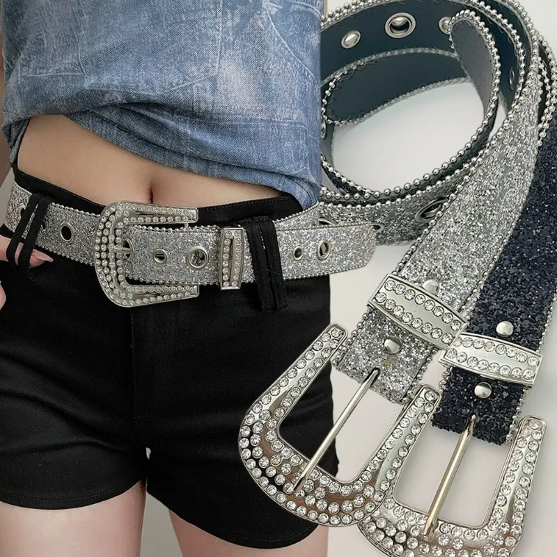 Ceinture pour femme en cuir PU, ornée de strass, pour club, soirée, style rétro américain, punk, mode Y2K, ceinture scintillante